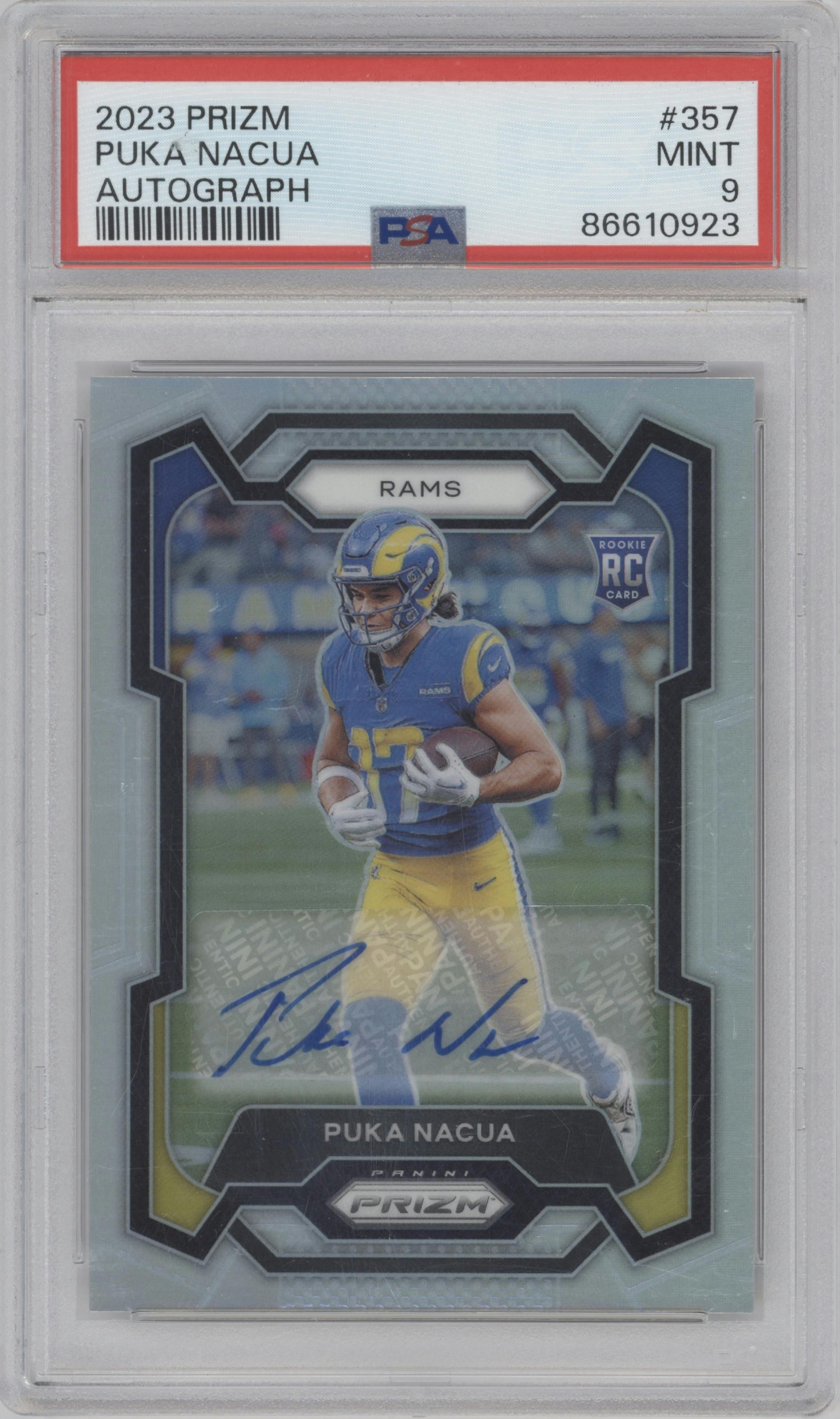 Puka Nacua from the 2023 Panini Prizm set graded by PSA and given an overall grade of 9.