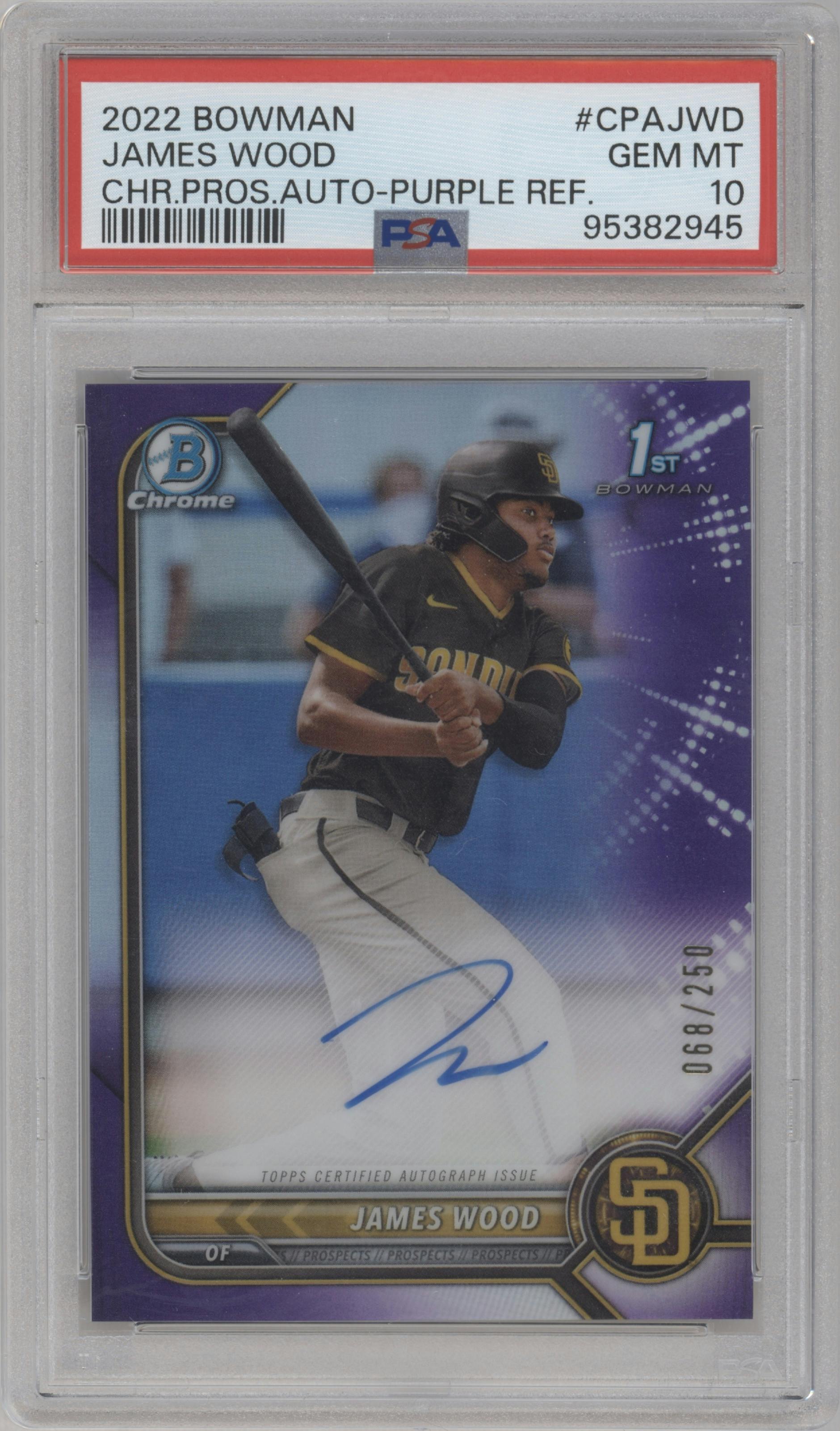 James Wood from the 2022 Bowman set featuring a Purple Refractor parallel graded by PSA and given an overall grade of 10.