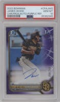 James Wood from the 2022 Bowman set featuring a Purple Refractor parallel graded by PSA and given an overall grade of 10.