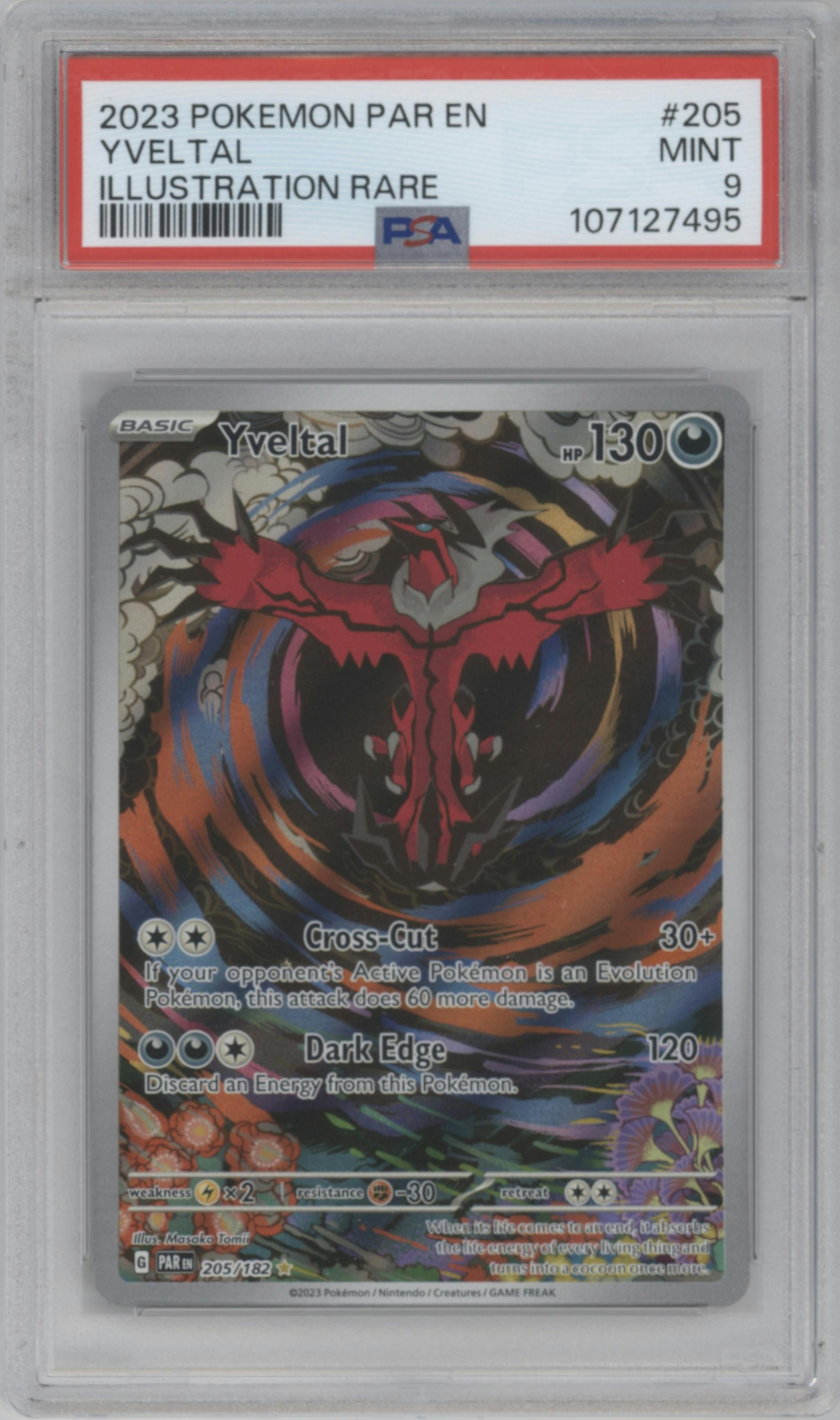 Yveltal from the 2023 Pokemon SV set graded by PSA and given an overall grade of 9.