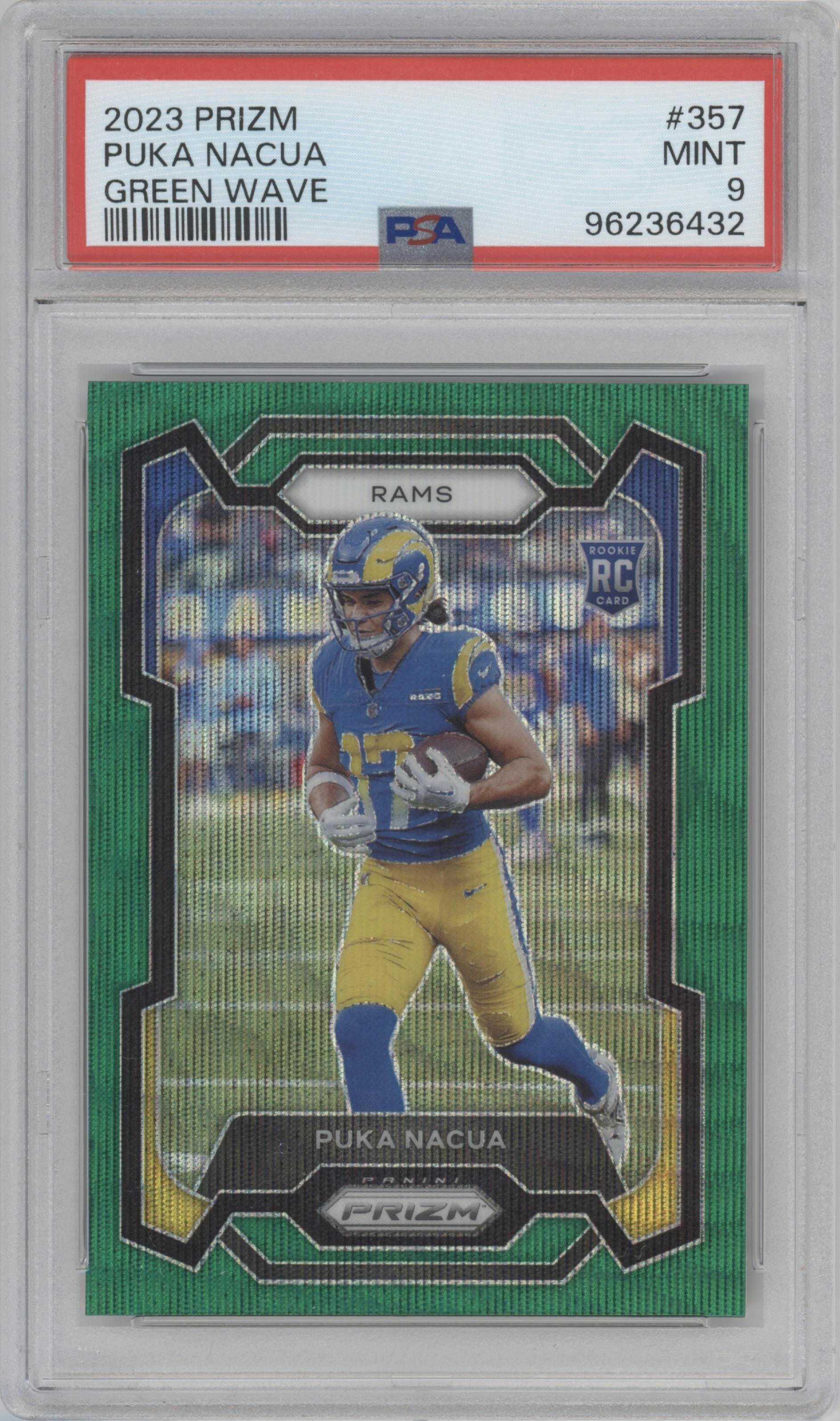 Puka Nacua from the 2023 Panini Prizm set featuring a Green Wave  parallel graded by PSA and given an overall grade of 9.