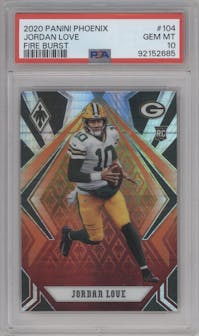 Jordan Love from the 2020 Panini Phoenix set featuring a Fire Burst parallel graded by PSA and given an overall grade of 10.