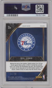 Joel Embiid from the 2019-20 Panini Select set featuring a Disco Blue parallel graded by PSA and given an overall grade of 10.