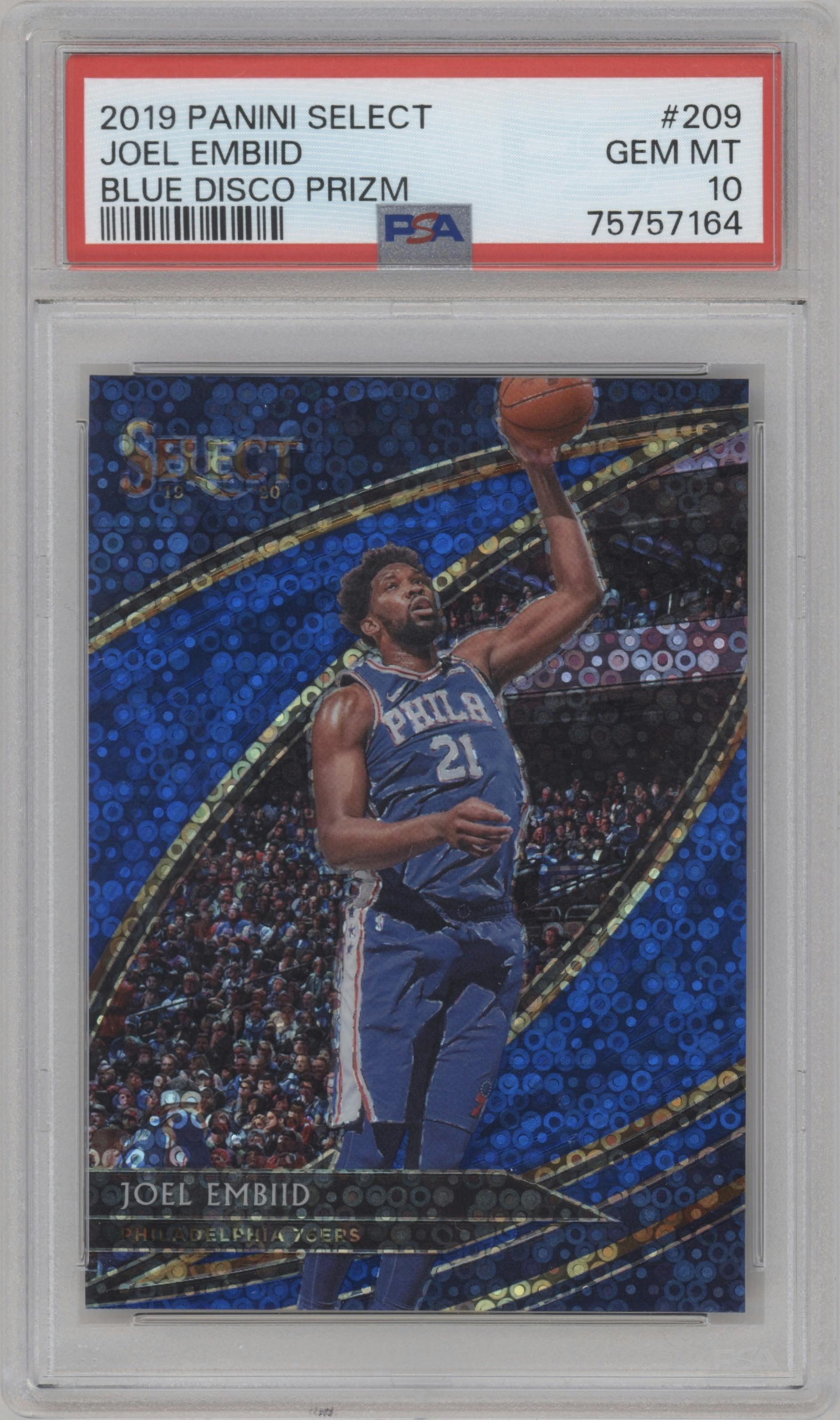 Joel Embiid from the 2019-20 Panini Select set featuring a Disco Blue parallel graded by PSA and given an overall grade of 10.