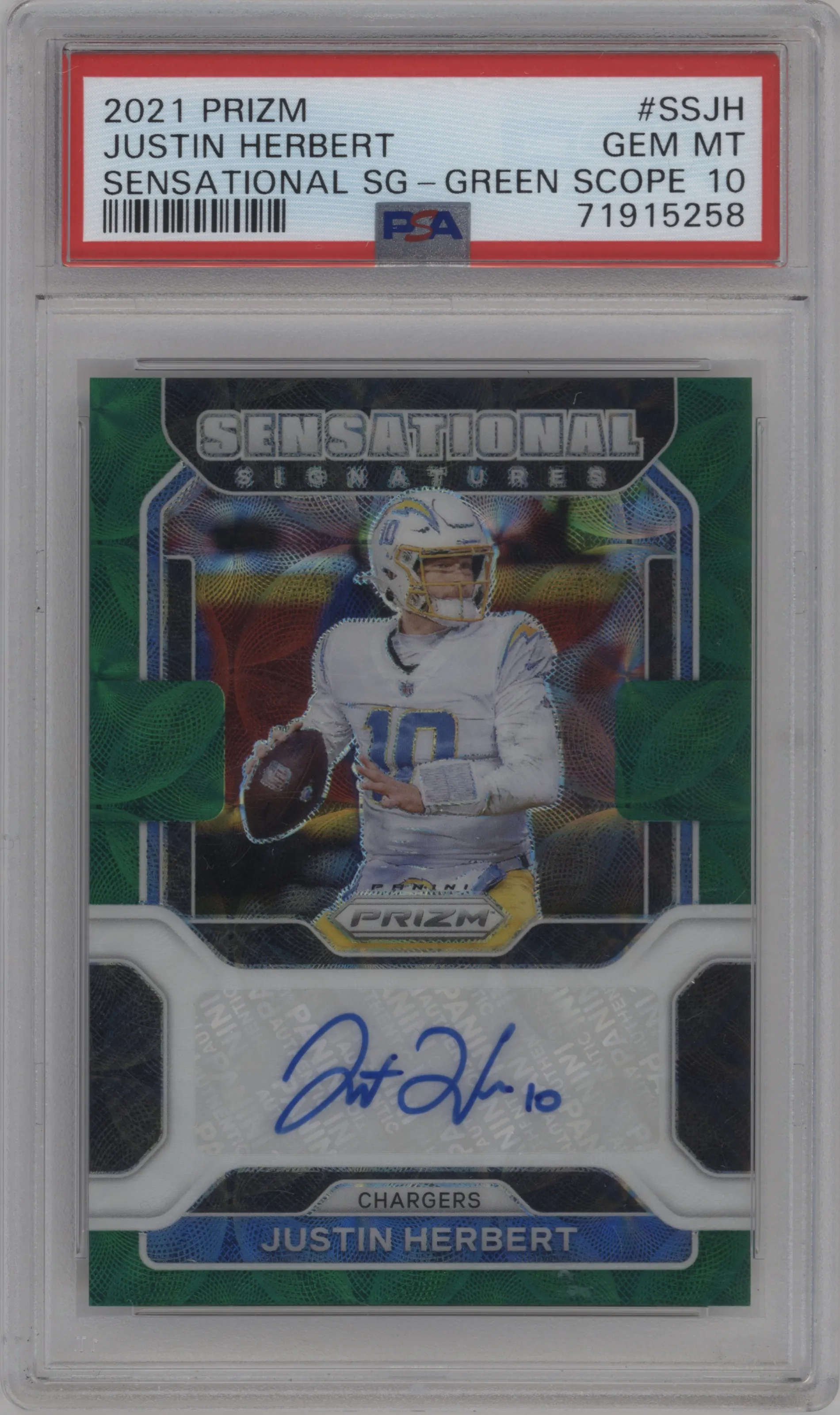 2021 Panini Prizm Sen.Sig. Justin Herbert Green Scope #SS-JH PSA 10