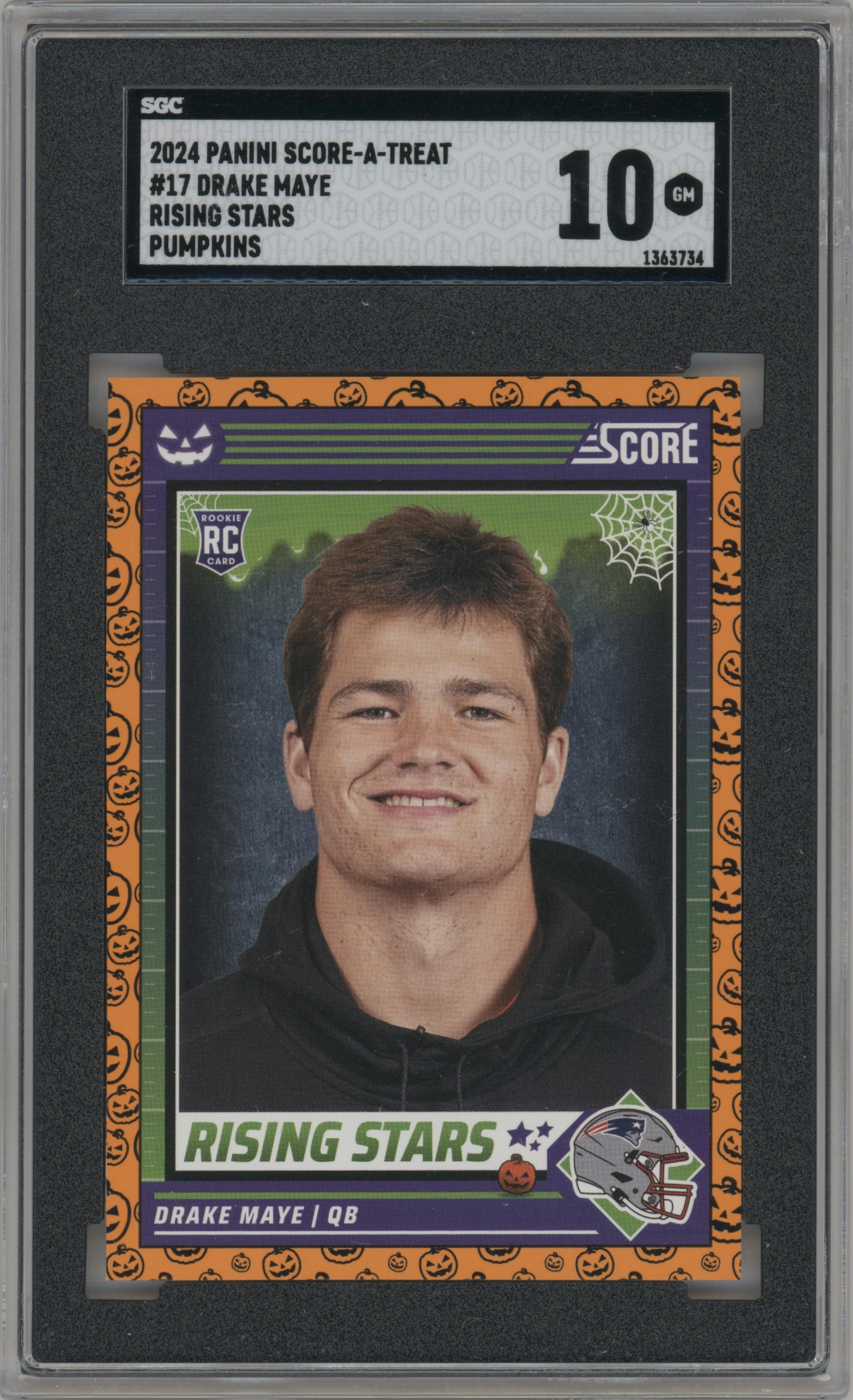 Drake Maye from the 2024 Score-a-Treat set featuring a Pumpkin parallel graded by SGC and given an overall grade of 10.
