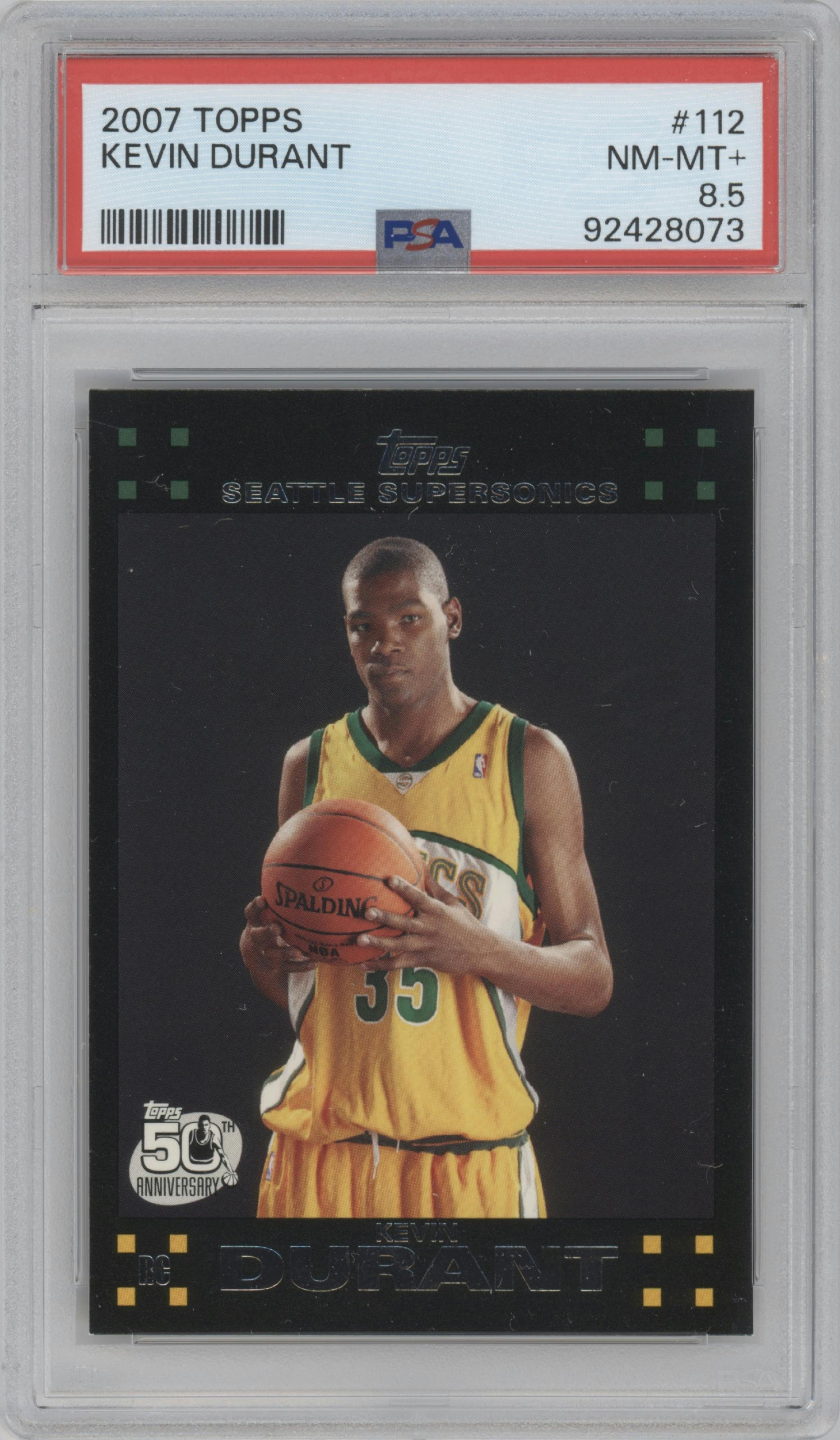 Kevin Durant from the 2007-08 Topps set graded by PSA and given an overall grade of 8.5.