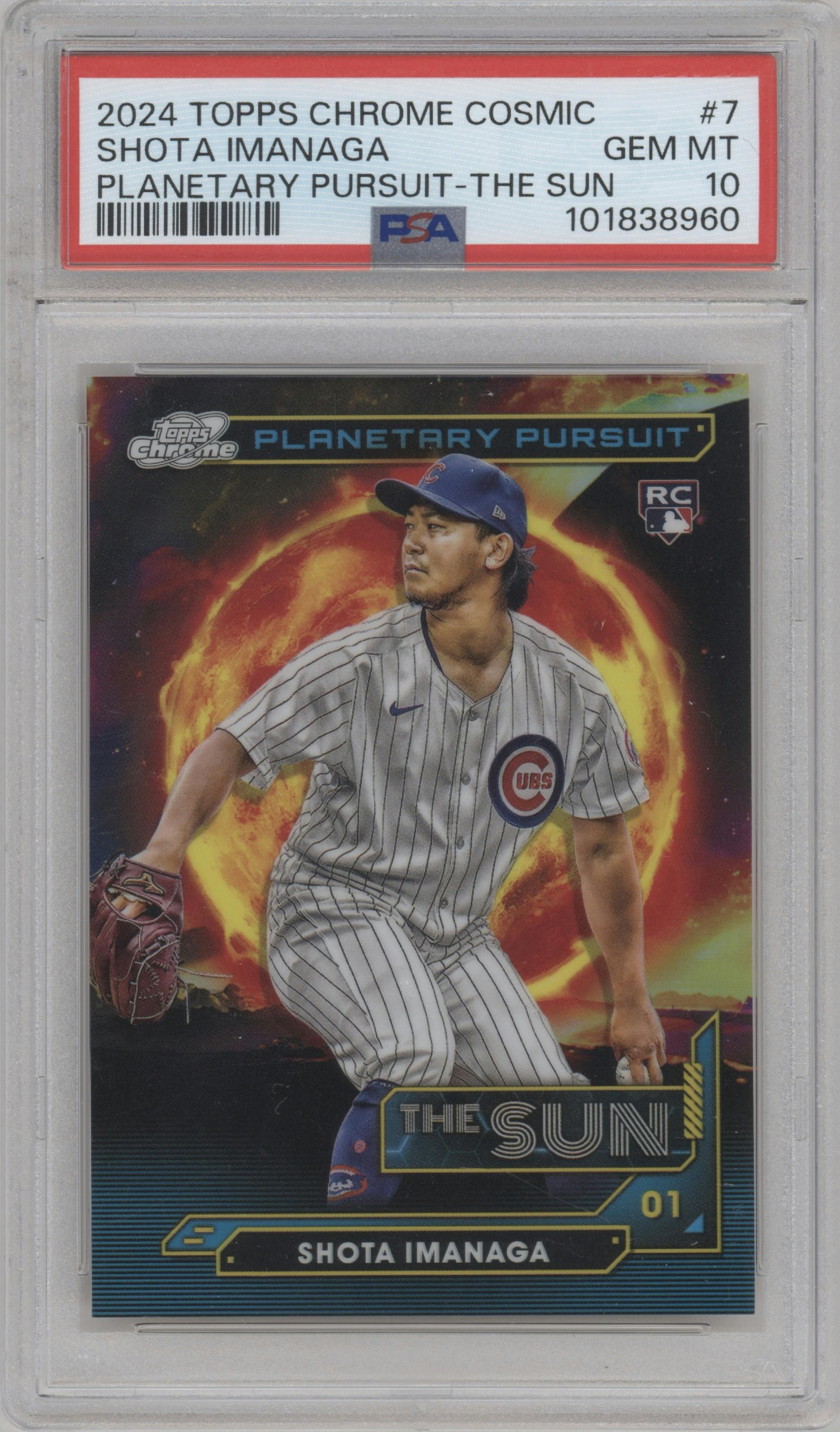 Shota Imanaga from the 2024 Topps Cosmic Chrome set graded by PSA and given an overall grade of 10.