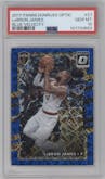 LeBron James from the 2017-18 Panini Donruss Optic set featuring a Blue Velocity parallel graded by PSA and given an overall grade of 10.