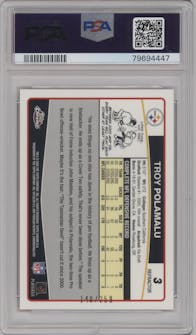 Troy Polamalu from the 2006 Topps Chrome set featuring a Red Refractor parallel graded by PSA and given an overall grade of 10.