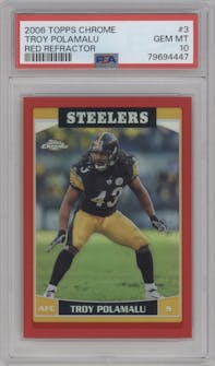 Troy Polamalu from the 2006 Topps Chrome set featuring a Red Refractor parallel graded by PSA and given an overall grade of 10.