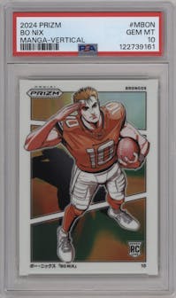 Bo Nix from the 2024 Panini Prizm set graded by PSA and given an overall grade of 10.