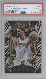 Victor Wembanyama from the 2023-24 Panini Select  set featuring a Zebra Prizm parallel graded by PSA and given an overall grade of 10.