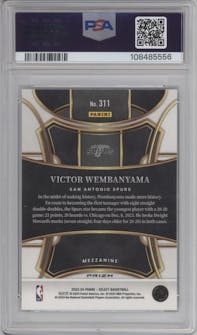 Victor Wembanyama from the 2023-24 Panini Select  set featuring a Zebra Prizm parallel graded by PSA and given an overall grade of 10.