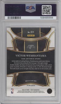Victor Wembanyama from the 2023-24 Panini Select  set featuring a Zebra Prizm parallel graded by PSA and given an overall grade of 10.
