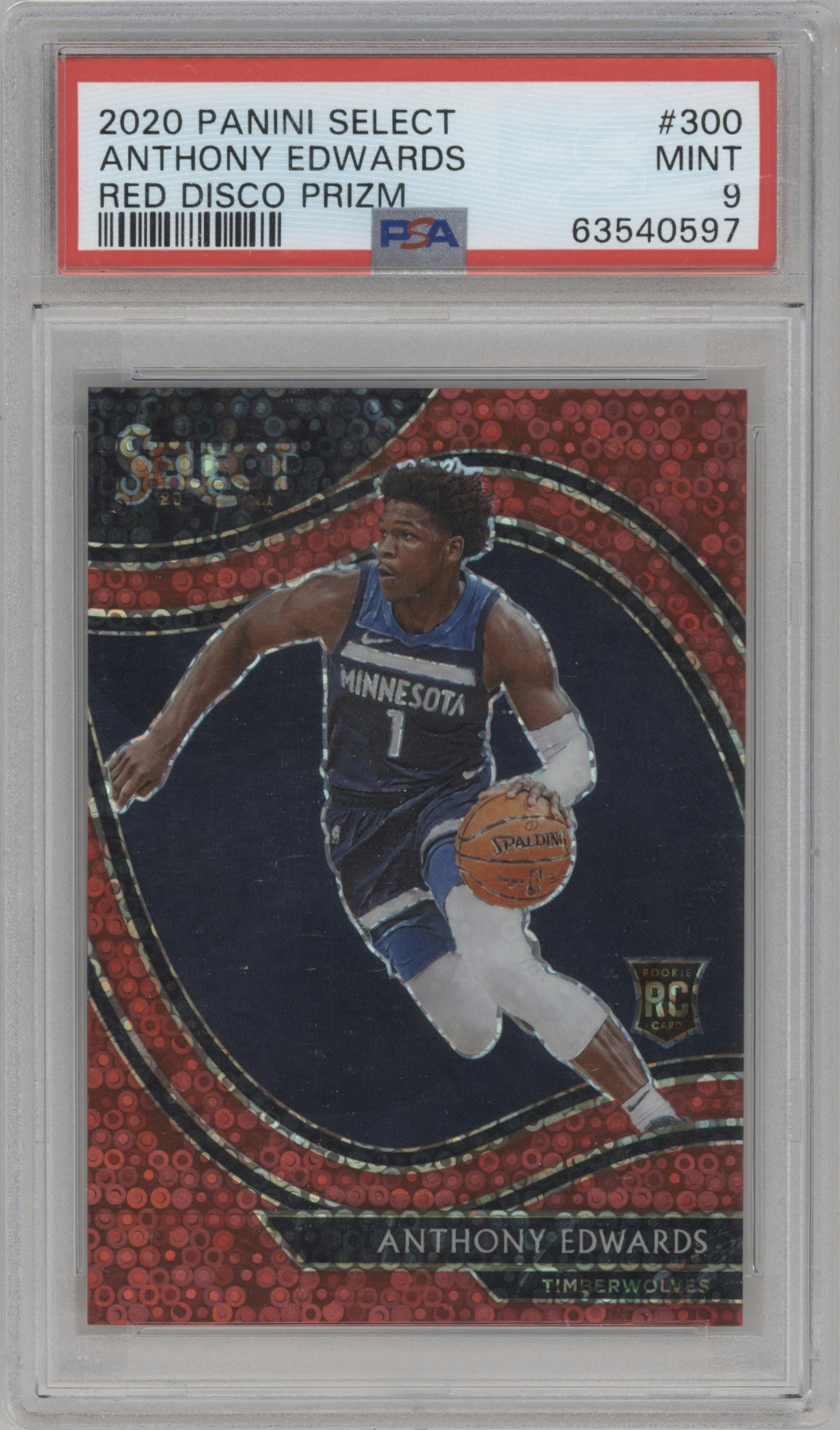 Anthony Edwards from the 2020-21 Panini Select  set featuring a Disco Red parallel graded by PSA and given an overall grade of 9.