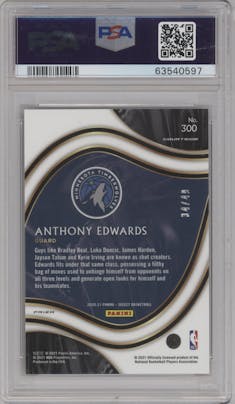 Anthony Edwards from the 2020-21 Panini Select  set featuring a Disco Red parallel graded by PSA and given an overall grade of 9.