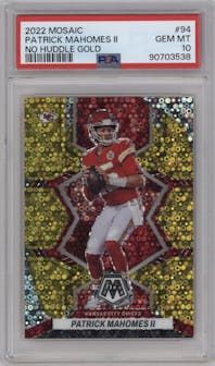  Patrick Mahomes II  from the 2022 Panini Mosaic set featuring a No Huddle Gold parallel graded by PSA and given an overall grade of 10.