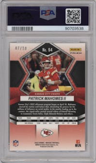 Patrick Mahomes II from the 2022 Panini Mosaic set featuring a No Huddle Gold parallel graded by PSA and given an overall grade of 10.