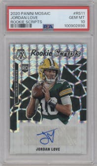 Jordan Love from the 2020 Panini Mosaic set graded by PSA and given an overall grade of 10.