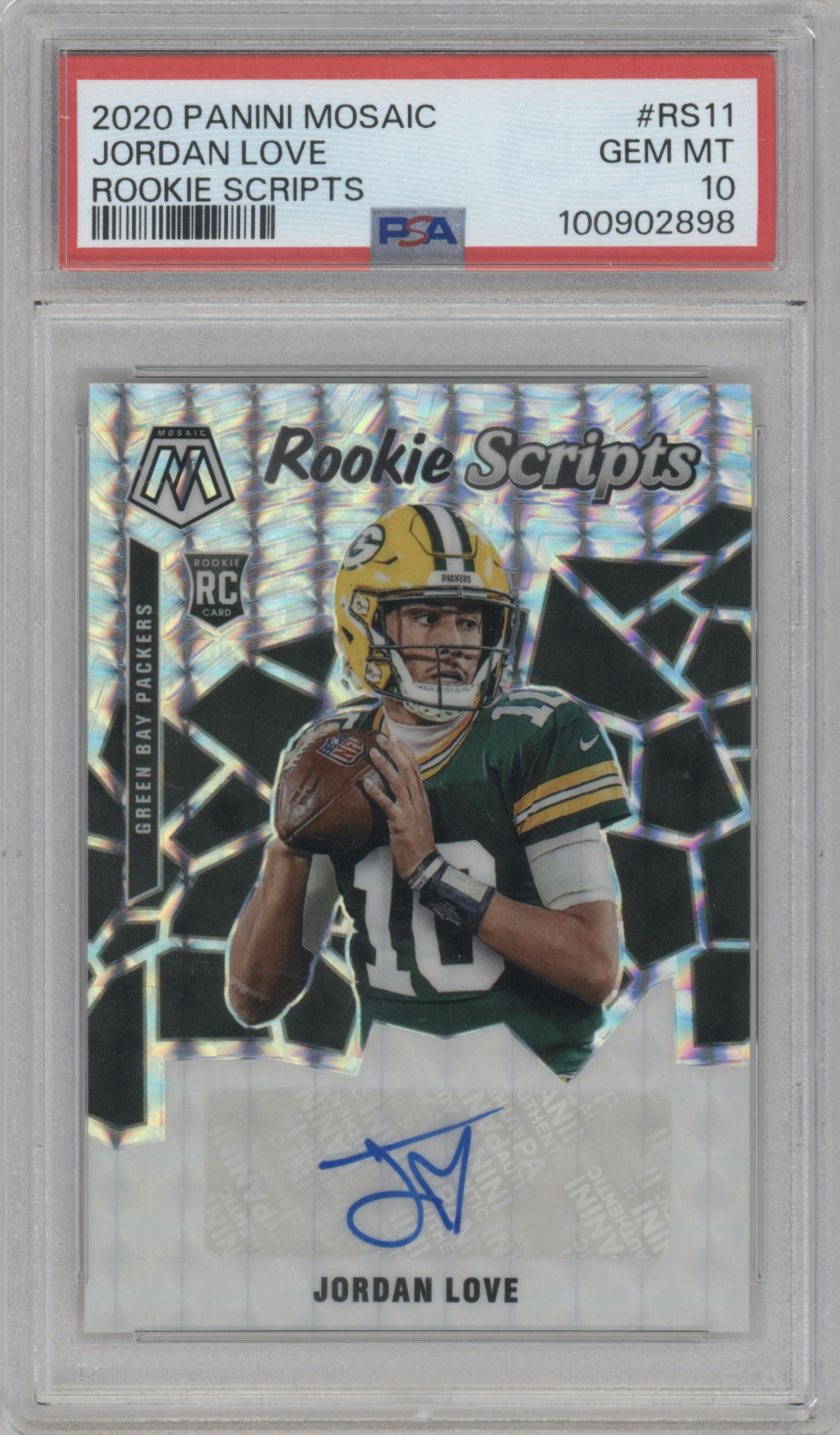 Jordan Love from the 2020 Panini Mosaic set graded by PSA and given an overall grade of 10.