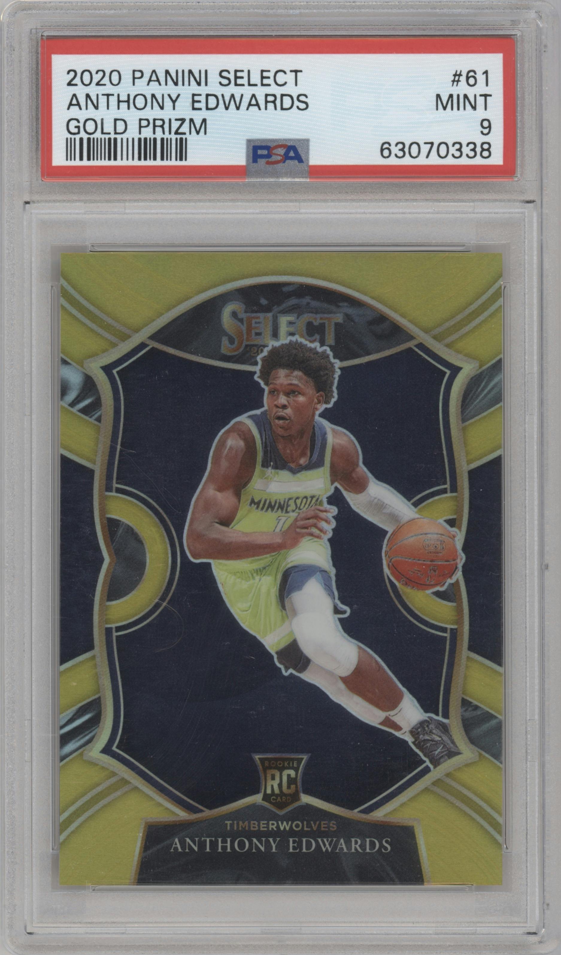 Anthony Edwards from the 2020-21 Panini Select  set featuring a Gold parallel graded by PSA and given an overall grade of 9.