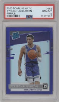 Tyrese Haliburton from the 2020-21 Panini Donruss Optic set featuring a Purple parallel graded by PSA and given an overall grade of 10.