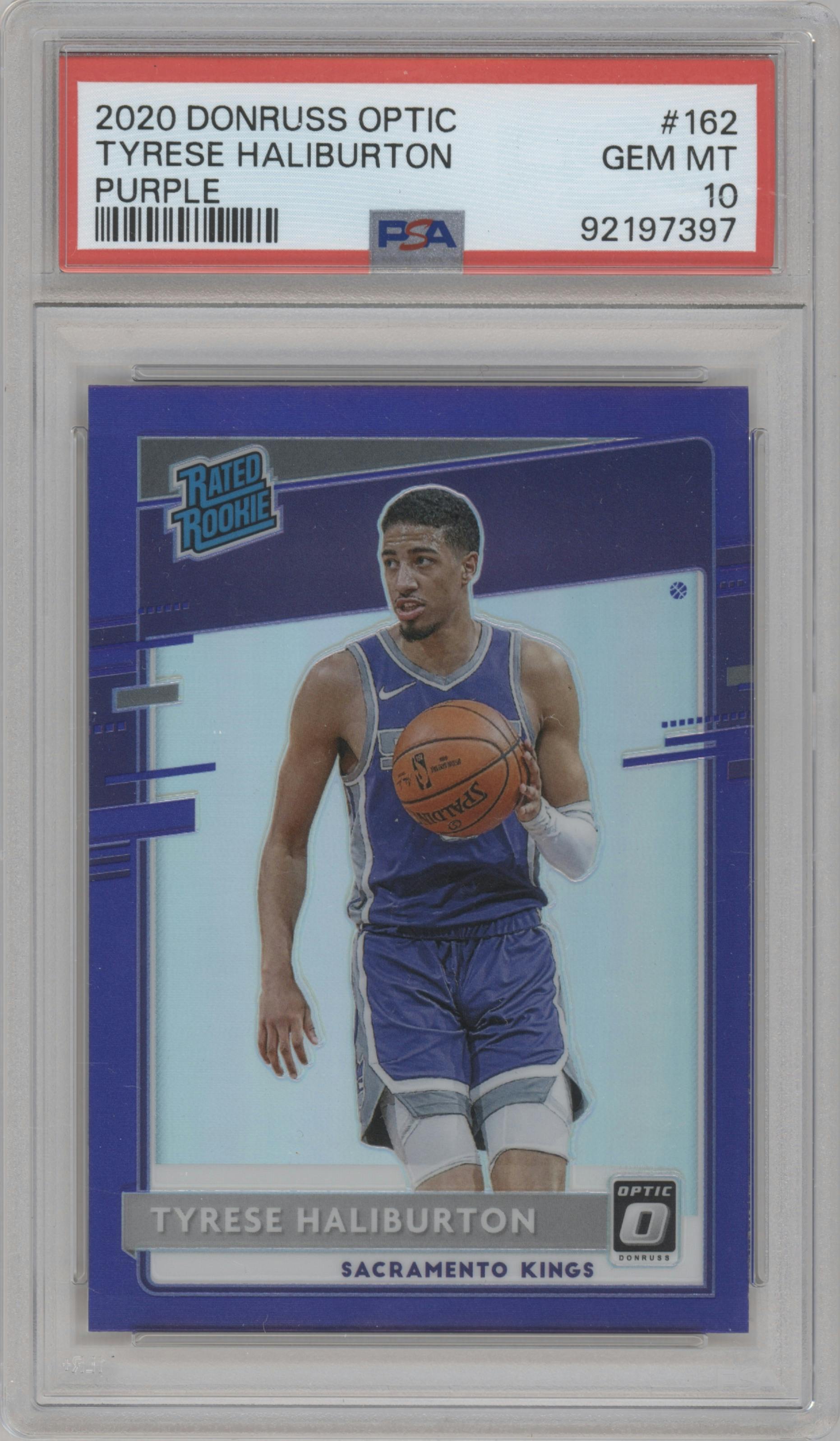 Tyrese Haliburton from the 2020-21 Panini Donruss Optic set featuring a Purple parallel graded by PSA and given an overall grade of 10.