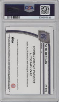 Seth Henigan from the 2024 Bowman University Chrome set featuring a Red Shimmer parallel graded by PSA and given an overall grade of 8.