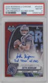Seth Henigan from the 2024 Bowman University Chrome set featuring a Red Shimmer parallel graded by PSA and given an overall grade of 8.