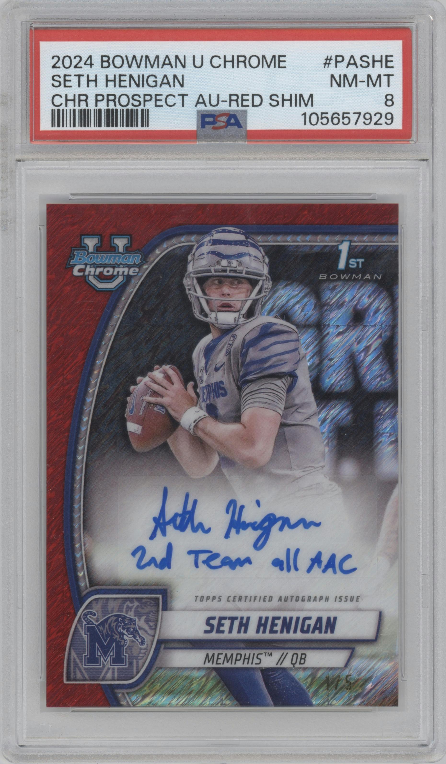 Seth Henigan from the 2024 Bowman University Chrome set featuring a Red Shimmer parallel graded by PSA and given an overall grade of 8.