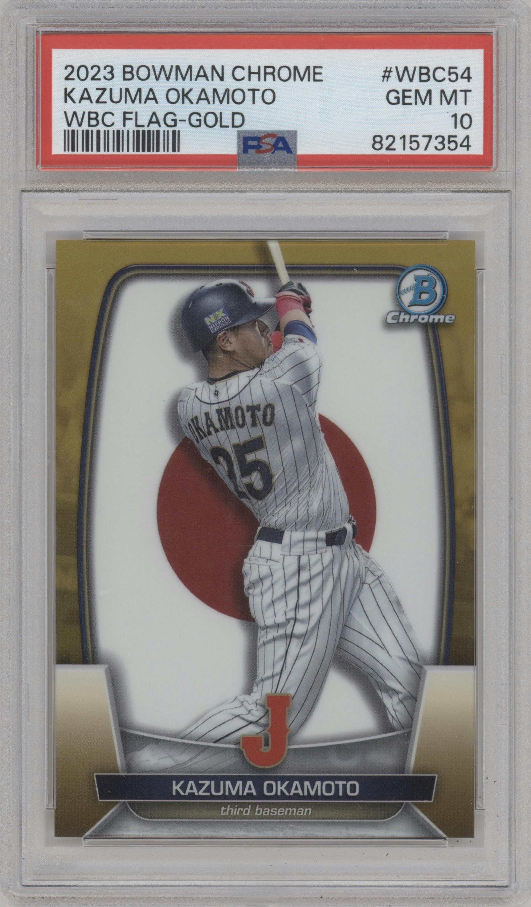 Kazuma Okamoto from the 2023 Bowman Chrome set featuring a Gold Refractor parallel graded by PSA and given an overall grade of 10.