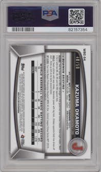 Kazuma Okamoto from the 2023 Bowman Chrome set featuring a Gold Refractor parallel graded by PSA and given an overall grade of 10.
