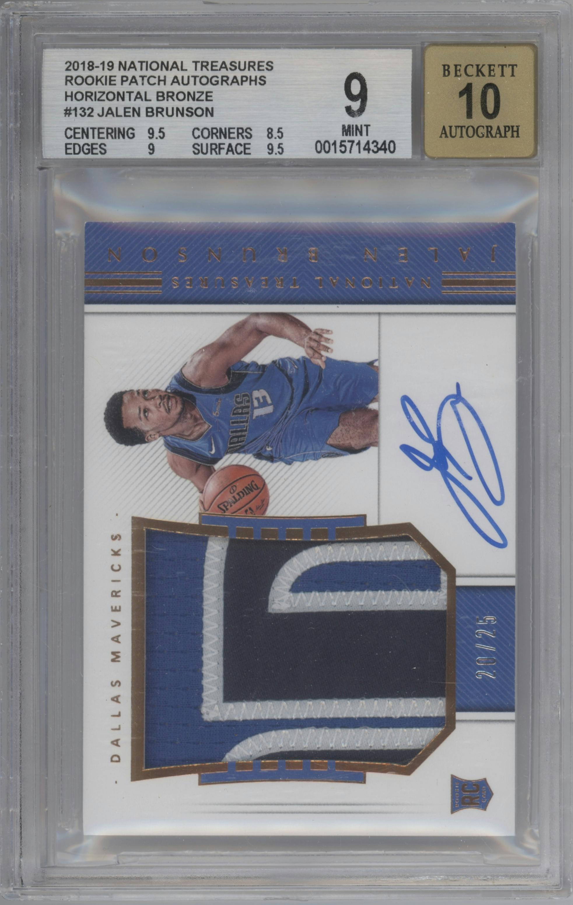 Jalen Brunson from the 2018-19 Panini National Treasures set featuring a Bronze parallel graded by Beckett and given an overall grade of 9.