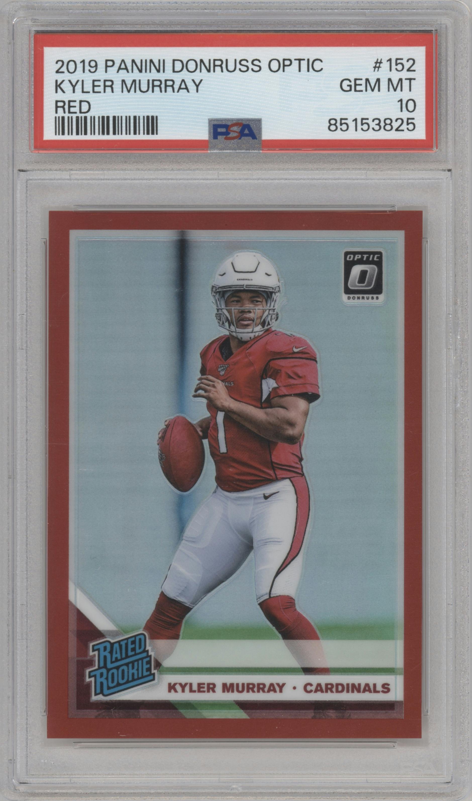Kyler Murray from the 2019 Panini Donruss Optic set featuring a Red parallel graded by PSA and given an overall grade of 10.