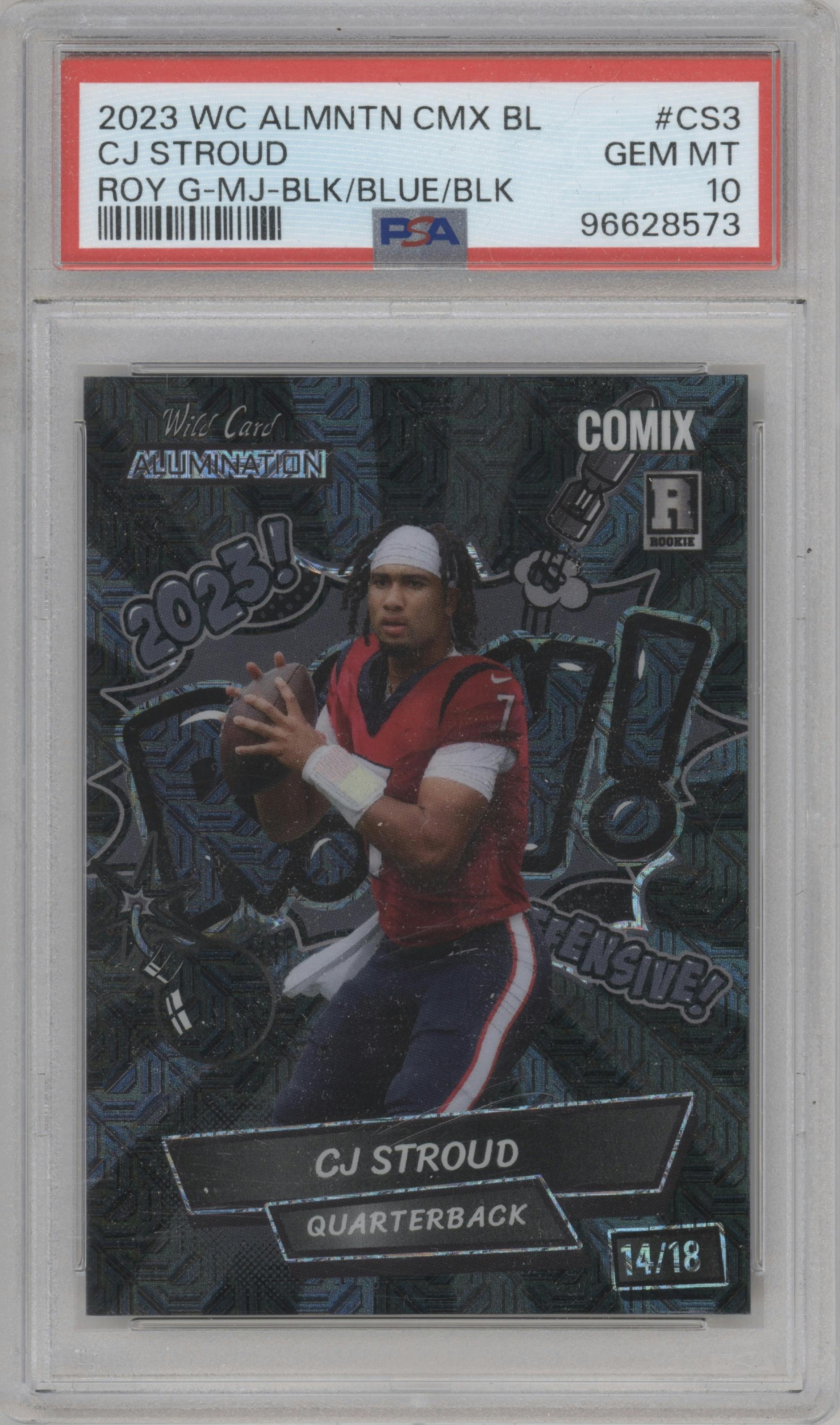 CJ Stroud from the 2023 Wild Card Alumination Limited Edition CJ Stroud Comix set featuring a Mojo Black/Blue/Black parallel graded by PSA and given an overall grade of 10.