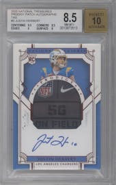 Justin Herbert from the 2020 Panini National Treasures set featuring a Tag parallel graded by Beckett and given an overall grade of 8.5.