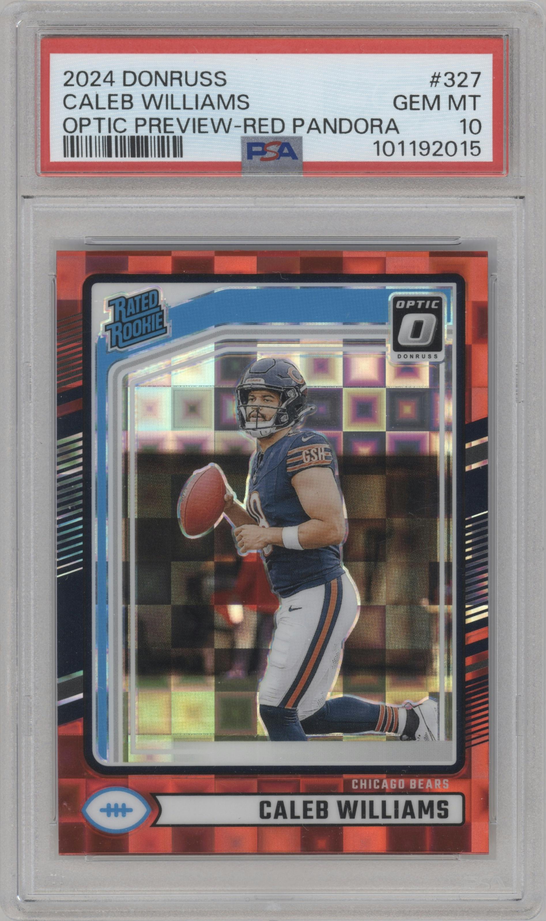 Caleb Williams from the 2024 Donruss set featuring a Red Pandora parallel graded by PSA and given an overall grade of 10.