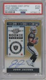 Josh Jacobs from the 2019 Panini Contenders Optic set featuring a Orange parallel graded by PSA and given an overall grade of 9.