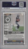 Josh Jacobs from the 2019 Panini Contenders Optic set featuring a Orange parallel graded by PSA and given an overall grade of 9.