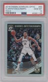 Giannis Antetokounmpo from the 2018-19 Panini Donruss Optic set featuring a Holo parallel graded by PSA and given an overall grade of 10.