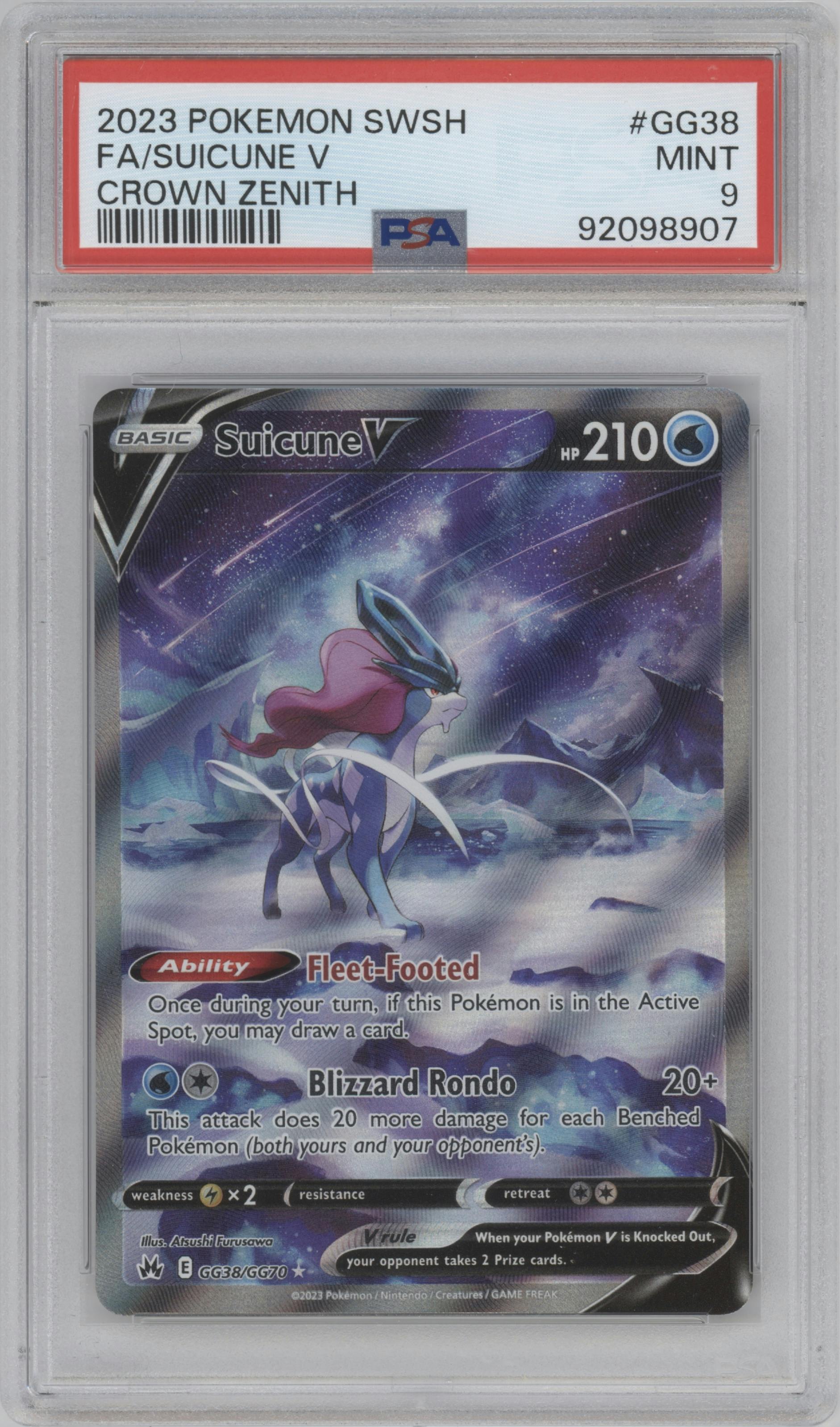 Suicune V from the 2023 Pokemon SWSH set graded by PSA and given an overall grade of 9.