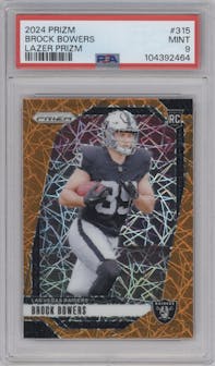 Brock Bowers from the 2024 Panini Prizm set featuring a Lazer Prizm parallel graded by PSA and given an overall grade of 9.