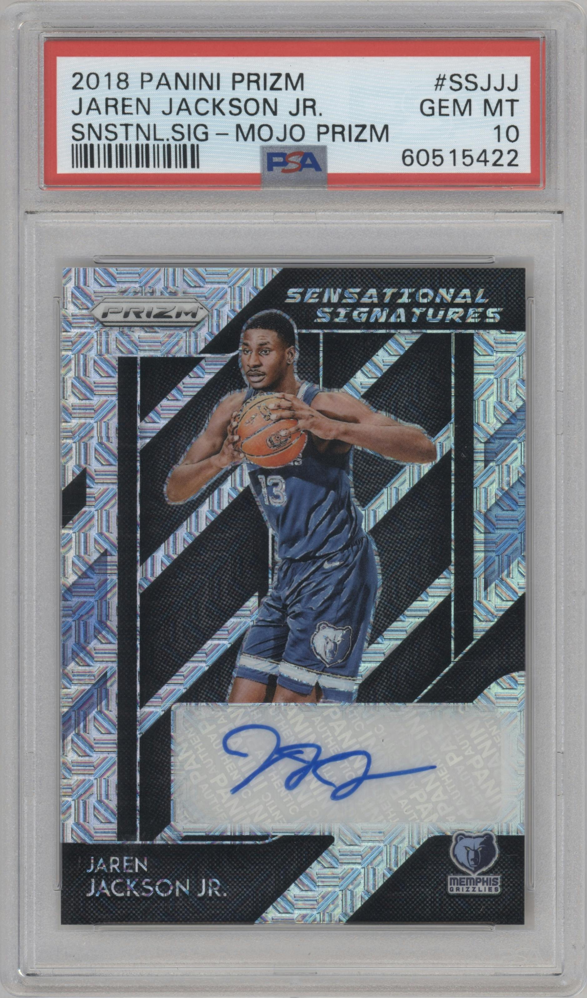 Jaren Jackson Jr. from the 2018-19 Panini Prizm set featuring a Mojo Prizm parallel graded by PSA and given an overall grade of 10.