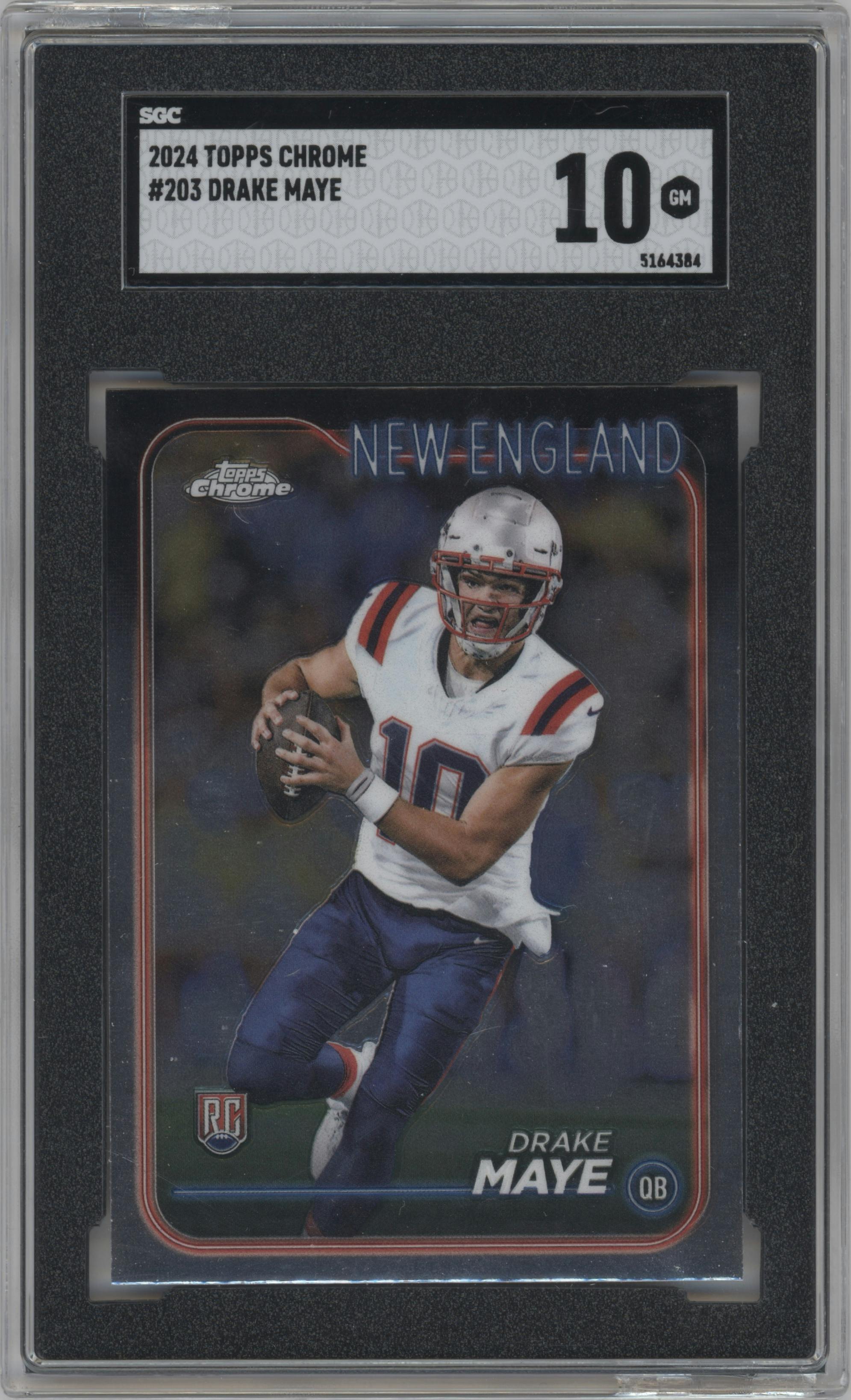 Drake Maye from the 2024 Topps Chrome set graded by SGC and given an overall grade of 10.
