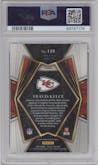 Travis Kelce from the 2021 Panini Select set featuring a Red Disco Prizm parallel graded by PSA and given an overall grade of 10.