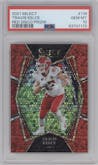 Travis Kelce from the 2021 Panini Select set featuring a Red Disco Prizm parallel graded by PSA and given an overall grade of 10.