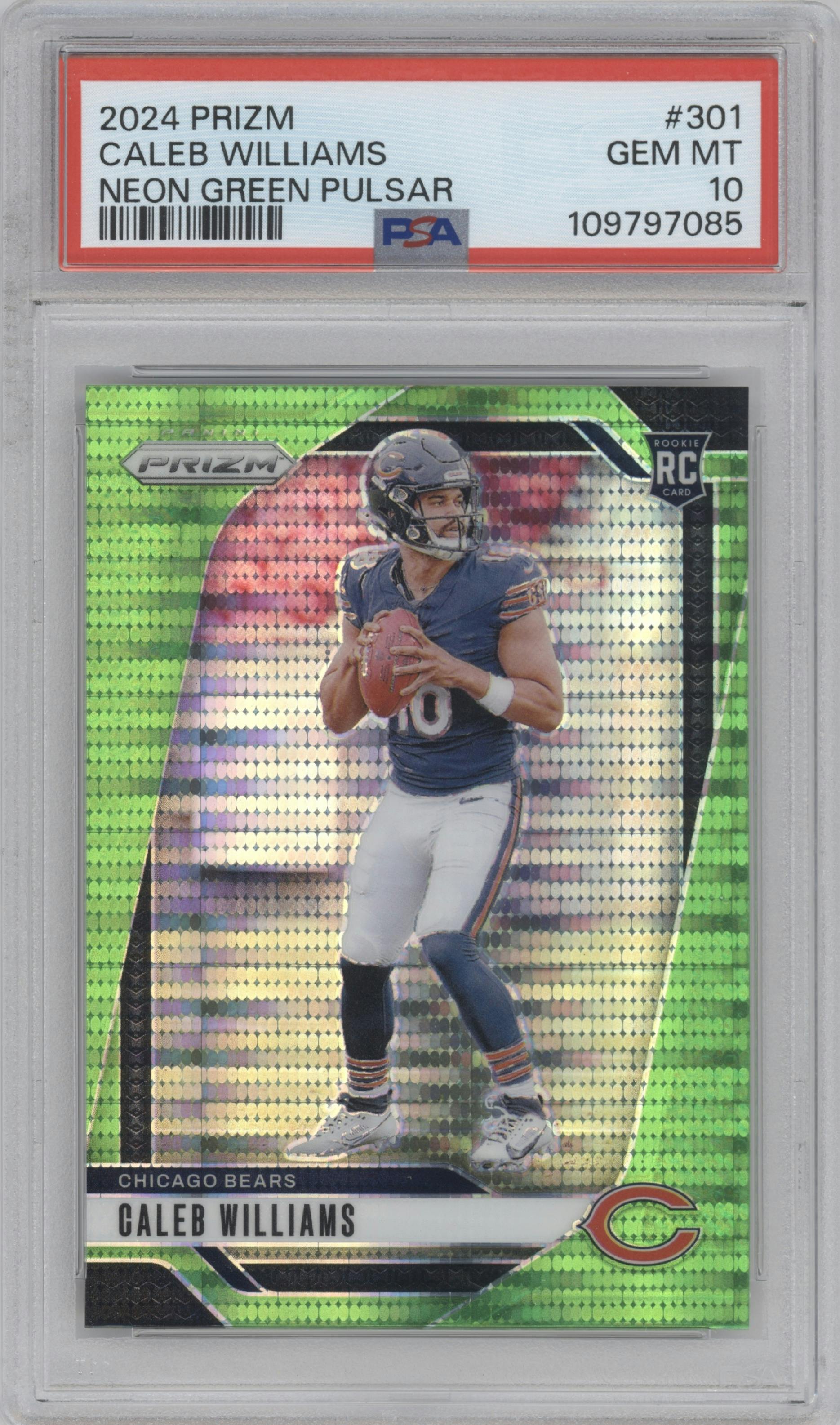 Caleb Williams from the 2024 Panini Prizm set featuring a Neon Green Pulsar  parallel graded by PSA and given an overall grade of 10.