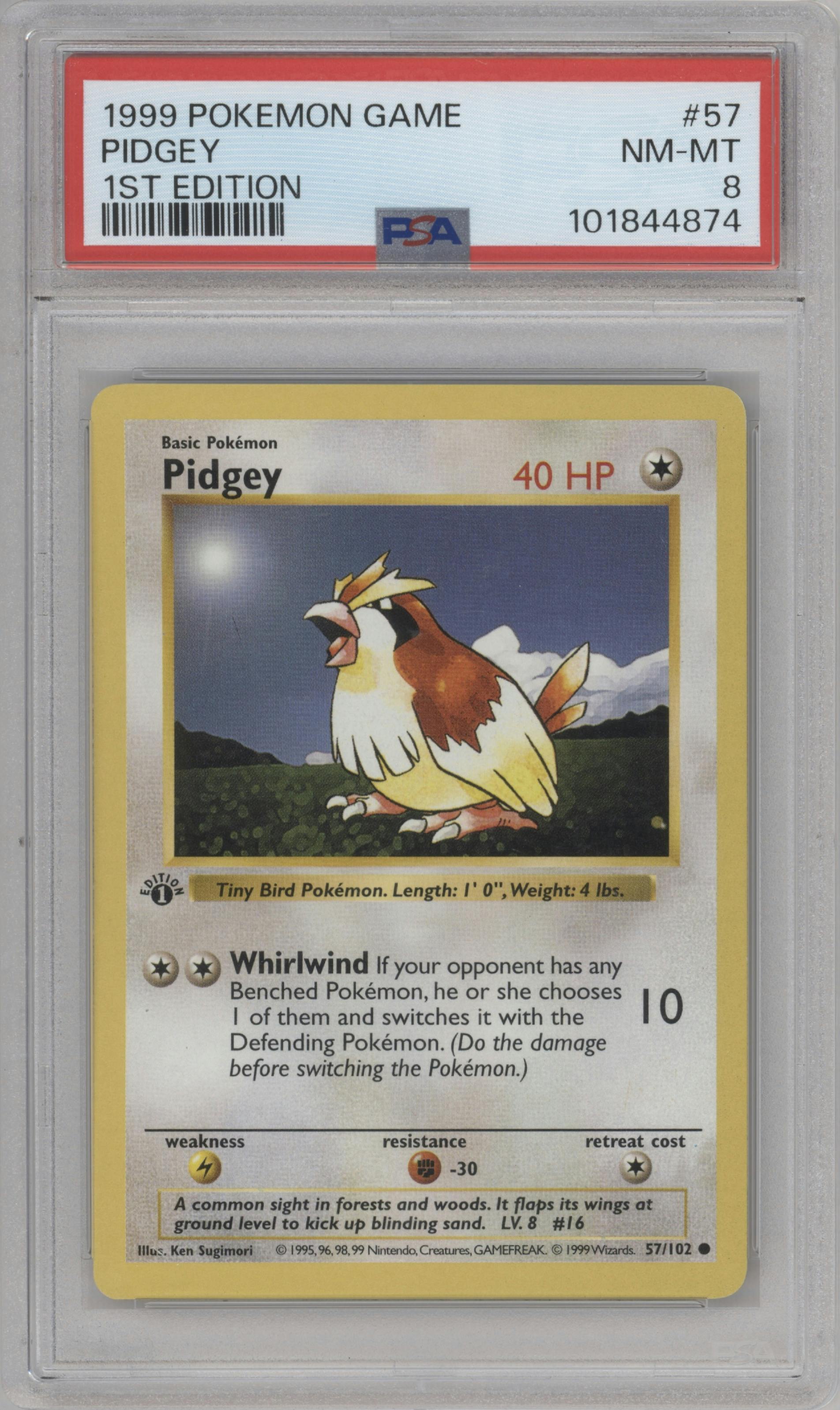 Pidgey from the 1999 Pokemon set graded by PSA and given an overall grade of 8.