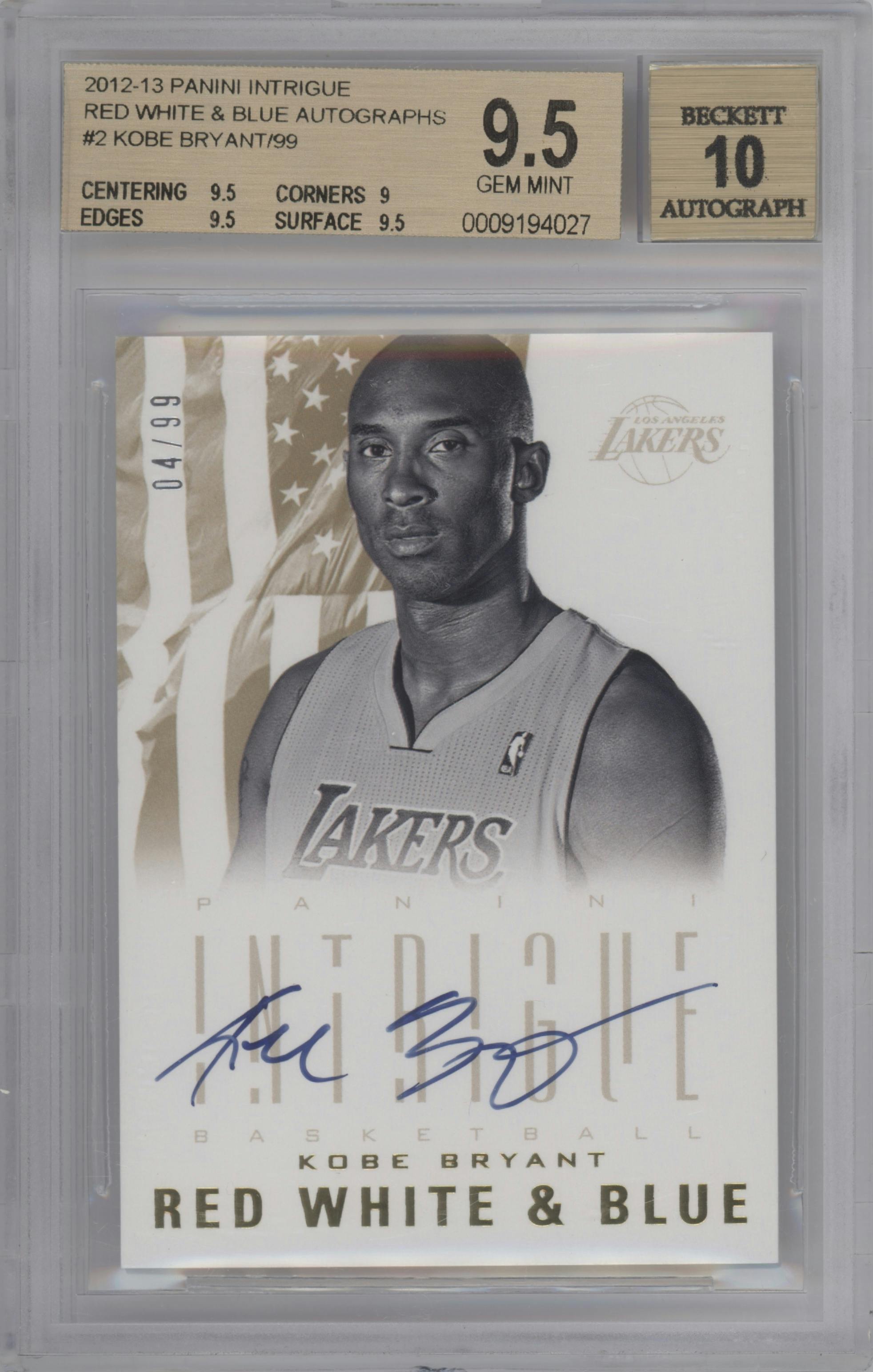 Kobe Bryant from the 2012-13 Panini Intrigue set graded by Beckett and given an overall grade of 9.5.
